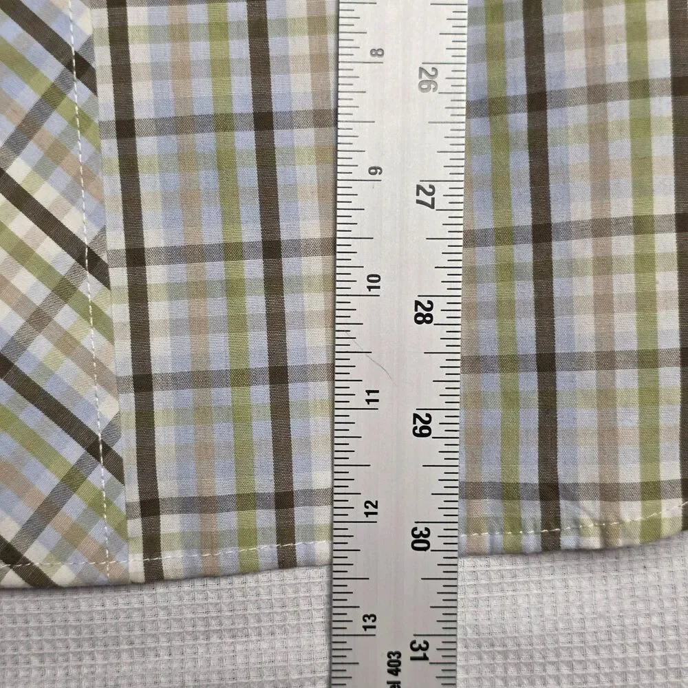 Billabong Men’s M White Olive Green Brown Blue Plaid Shirt SS Button Down